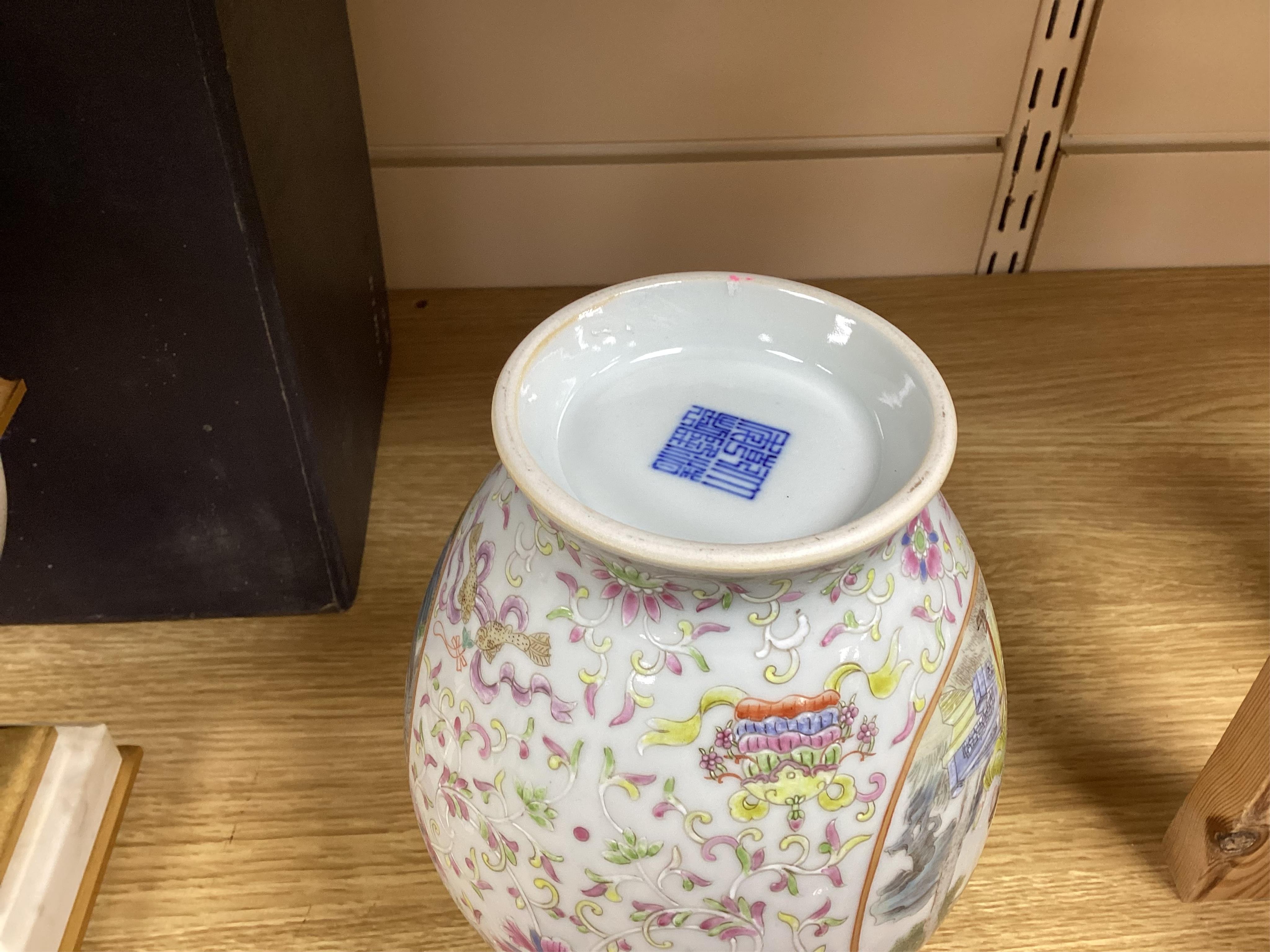 A Chinese famille rose vase, a powder box and an enamelled vase, largest 21cm high
